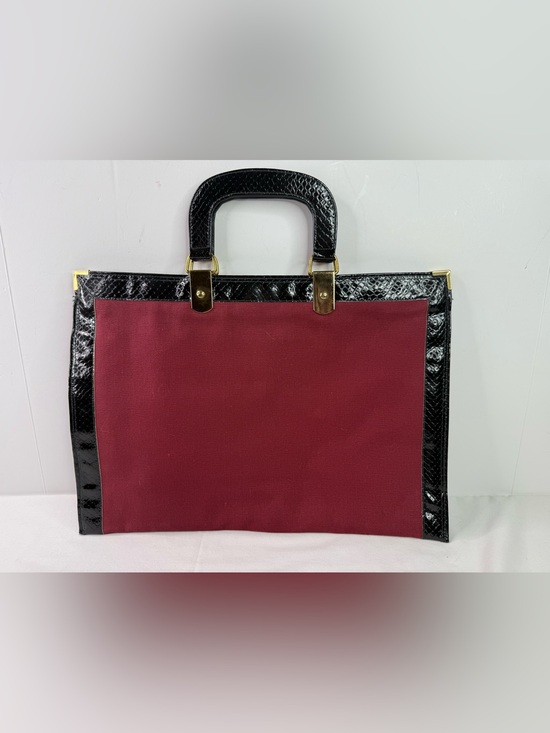 Handbags - Burgundy Portfolio Tote Black Croc Leather Trim with Top Handles